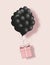 Valentines black hearts balloon with gift box postcard on pale pink background. Love and holiday symbols for Happy Women`s, Mothe