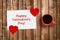 Valentines card with red hearts and coffee cup