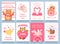 Valentines cards with cute animals. Posters for valentine day with cartoon bunny, unicorn, flamingo and bee. Animals