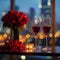 Valentines charm red wine, roses, city lights on a table