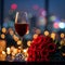 Valentines charm red wine, roses, city lights on a table