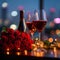 Valentines charm red wine, roses, city lights on a table