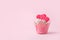 Valentines cupcake with a pink heart shaped cake pick on a pink background, Saint Valentine romance monochrome concept, sweet food