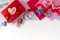 Valentines day and 14 february holidays banner. Gift wrapping workspace. Decoration presents making flat lay top view