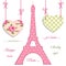 Valentines day background as patchwork fabric Eiffel tower of Paris with hearts on strings