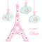 Valentines day background as patchwork fabric Eiffel tower of Paris with hearts on strings