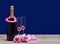 Valentines day background with champagne bottle and two glasses with heart shape two pink roses. International Womens Day March 8.