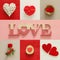 Valentines day background collage. Hearts, gift box, nest, red rose and LOVE letters.