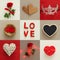 Valentines day background collage. Hearts, mask, gift box, nest and red rose.