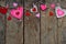 Valentines Day background with handmade felt hearts, clothespins. Valentine gift making, diy hobby. Romantic, love concept. Happ