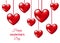 Valentines day background with hanging realistic 3d red hea