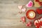 Valentines day background with heart shapes, coffee cup and  gift boxes