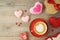 Valentines day background with heart shapes, coffee cup and  gift boxes