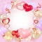 Valentines day background with hearts, balloons, shining garlands, tinsel. Romantic composition with space for text