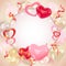 Valentines day background with hearts, balloons, shining garlands, tinsel. Romantic composition with space for text