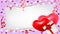 Valentines day background with pink and red hearts, gifts box, shining garlands, tinsel