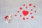 Valentines Day background with toy craft angel fairy and many red hearts cloud shape on linen fabric. Valentine Day, love,