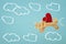 Valentines day background. Wooden toy plane with heart flying in the sky.