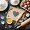 Valentines Day Baking Background with Flour, Rolling Pin, Eggs, and Heart Shape. Generative ai for illustrations