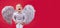 Valentines day banner with angel child. Angel child boy with white wings laughing. Excited angelic children is laugh
