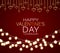 Valentines Day banner background with haning golden 3d hearts and garland lights. Love design concept. Romantic invitation or sale