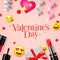 Valentines day banner with love emoji, icons, emoticons, gift box, cosmetics, lipstick, nail, vector.