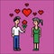 Valentines day, boy, girl and flower, pixel art vector illustration