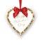 Valentines Day Card. Glittering Golden heart with red bow, place for texton a white background. Vector