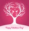 Valentines Day card with heart shaped tree and 2 lovebirds