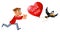 Valentines day. Cartoon man trying to catch crow who carries stolen heart shape balloon