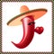 Valentines Day. Chili pepper - Mexican with a mustache and in a sombrero. Heart breaks out of chest