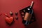 Valentines day chocolate sweets, red wine on red. Generative AI