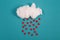 Valentines day concept, cotton Ball Cloud Rain Hearts Red on Blue Sky Background. - Image