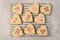 Valentines Day Concept: Flat lay Heart shaped sugar cookies on a cooling rack