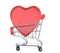 Valentines Day Concept. A large heart shaped candy box inside a grocery shopping cart, isolated on white