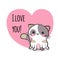 Valentines day congratulation card with cartoon cute smiley kitten and pink heart with text I love you. Funny and lovely
