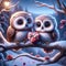Valentines Day Cute Adorable Pair Owls Small Animals Forest Woodland Critters Winter Canada AI Generated