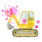 Valentines day Cute cartoon illustration of construction yellow excavator truck isolated on white background Hand