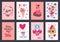 Valentines day cute romantic lovely elements greeting cards. Heart shapes, gifts and flowers romantic posters vector