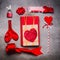 Valentines day or Dating festive flat lay in red color love symbols: with hearts, candles, gifts, book, ribbon and red lock with