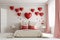 Valentines day decorations in bedroom with red heart, balloons and flowers. Modern interior. Generative AI