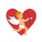 Valentines Day design. funny cupid with bow and arrow on red heart background.