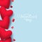Valentines day design templates. Blue background with red heart and confetti. Happy Valentines Day calligraphic lettering.