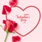 Valentines day design templates. Pink background with heart shape, red rose and petals.