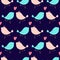 Valentines Day doodle seamless pattern. Romantic hand-drawn blue background with lovebirds and heart. Ideal for wrapping