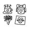 Valentines day Doodle set of icons date of lovers. First meeting cafe, a cup of coffee, a gift, a bouquet of flowers, a