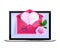 Valentines Day email, love message, romantic mailing list vector illustration with laptop, opened pink envelope.