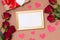 Valentines day,empty frame,nude background, gift,red roses,hearts,message,free copy text space