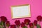 Valentines day, empty frame, seamless pink background with red roses, message, free copy text space