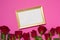 Valentines day, empty frame, seamless pink background with red roses, message, free copy text space